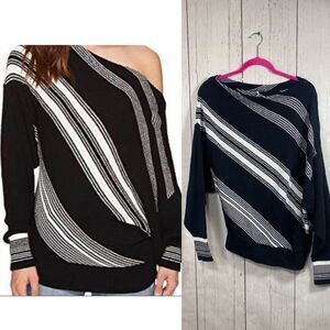 Free People Black & White Asymmetrical Stripe Knit Sweater Size M Boho Slouchy